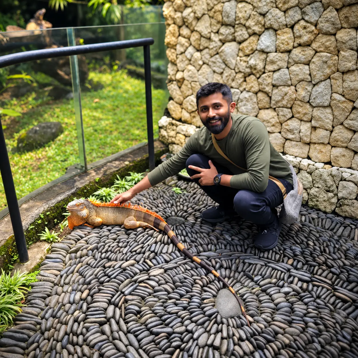 Terry crouching beside an iguana in a landscaped enclosure