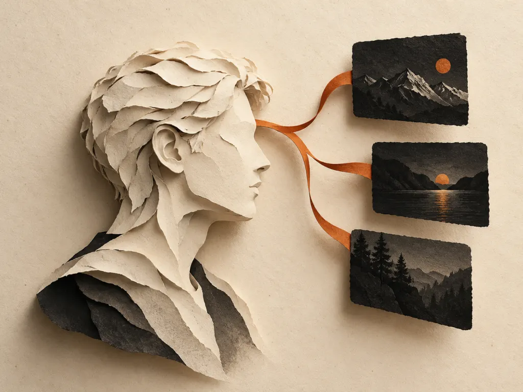 Concept illustration: a layered paper portrait connected to three archive cards