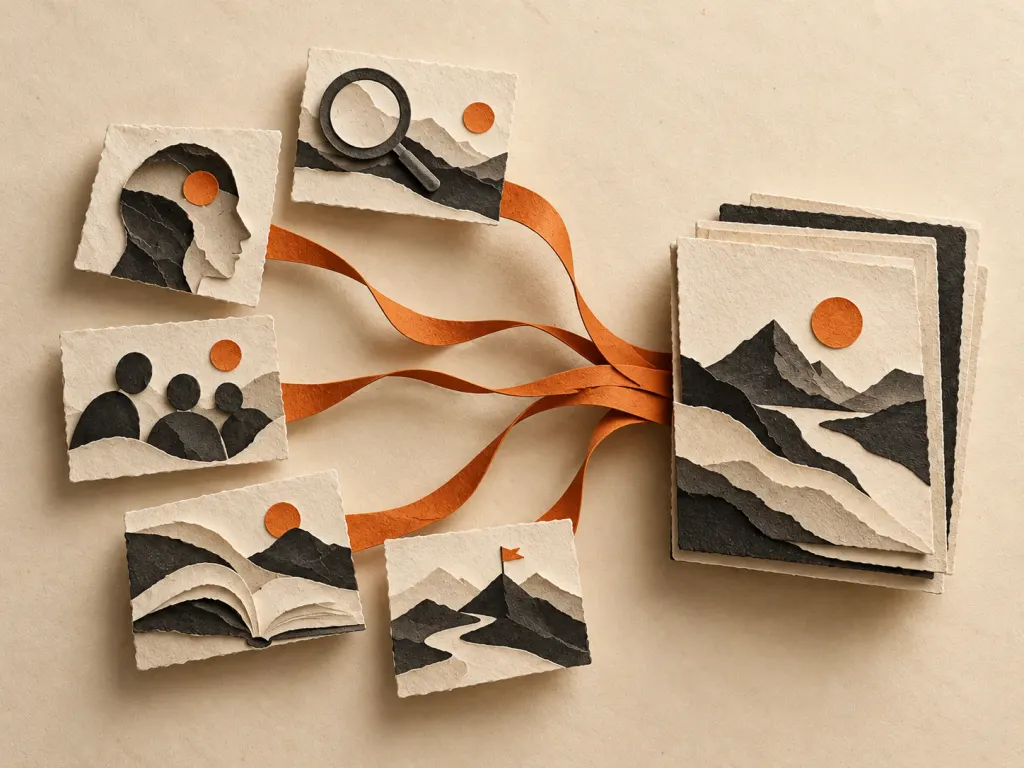 Concept illustration: five layered paper research cards join through orange ribbons into one research brief