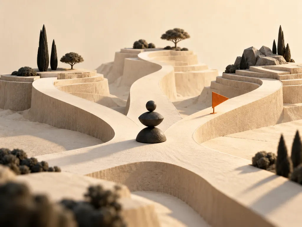 Concept illustration: branching paths around a balanced charcoal sculpture
